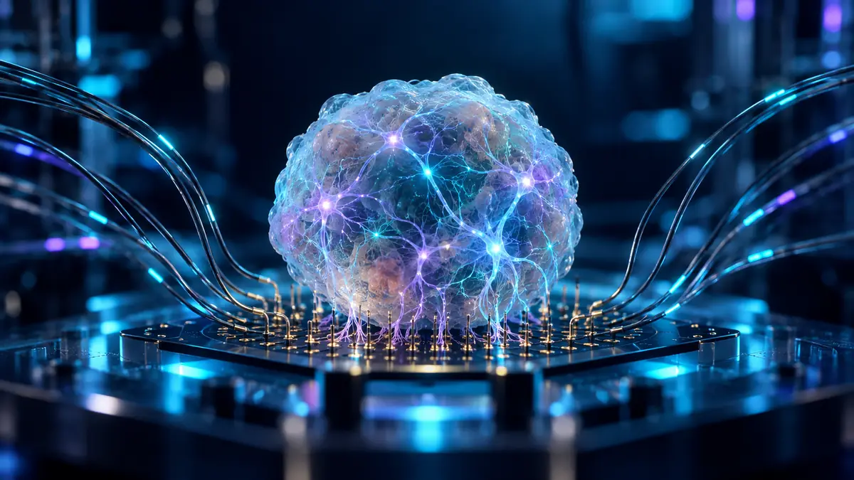 Lab-grown brain organoid connected to an electrode array, visualizing neural activity