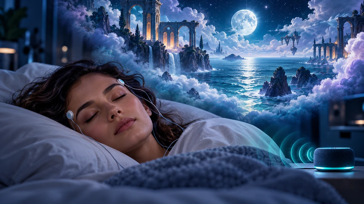 Editorial illustration of a sleeper with monitoring sensors beside a speaker, beneath an imagined moonlit ocean and arches.