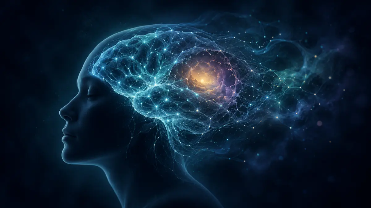 Illustration of a calm human profile with a glowing neural network fading into a dark background