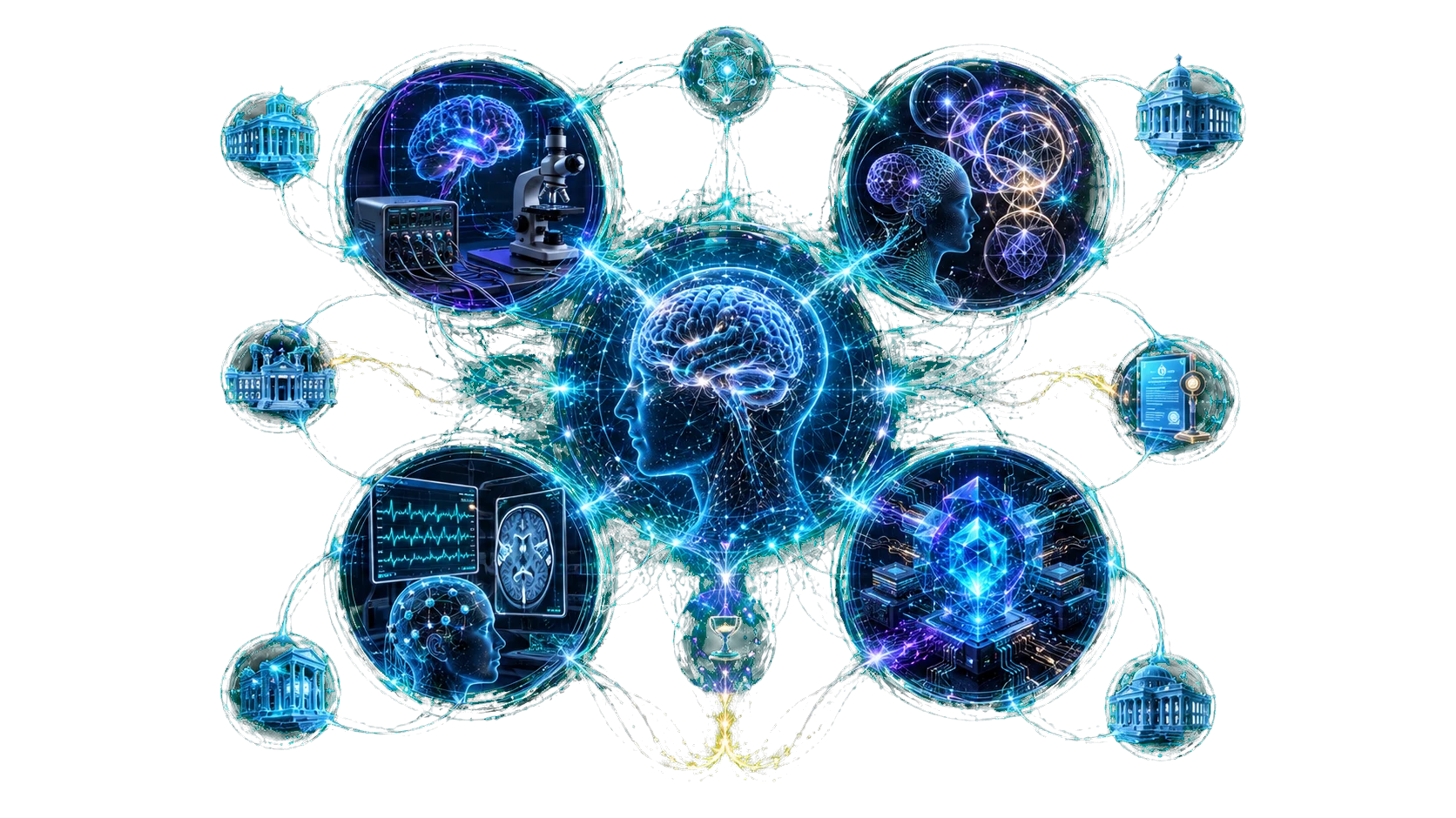 Consciousness research ecosystem connecting neuroscience, philosophy, clinical research, AI research, institutions and funding.