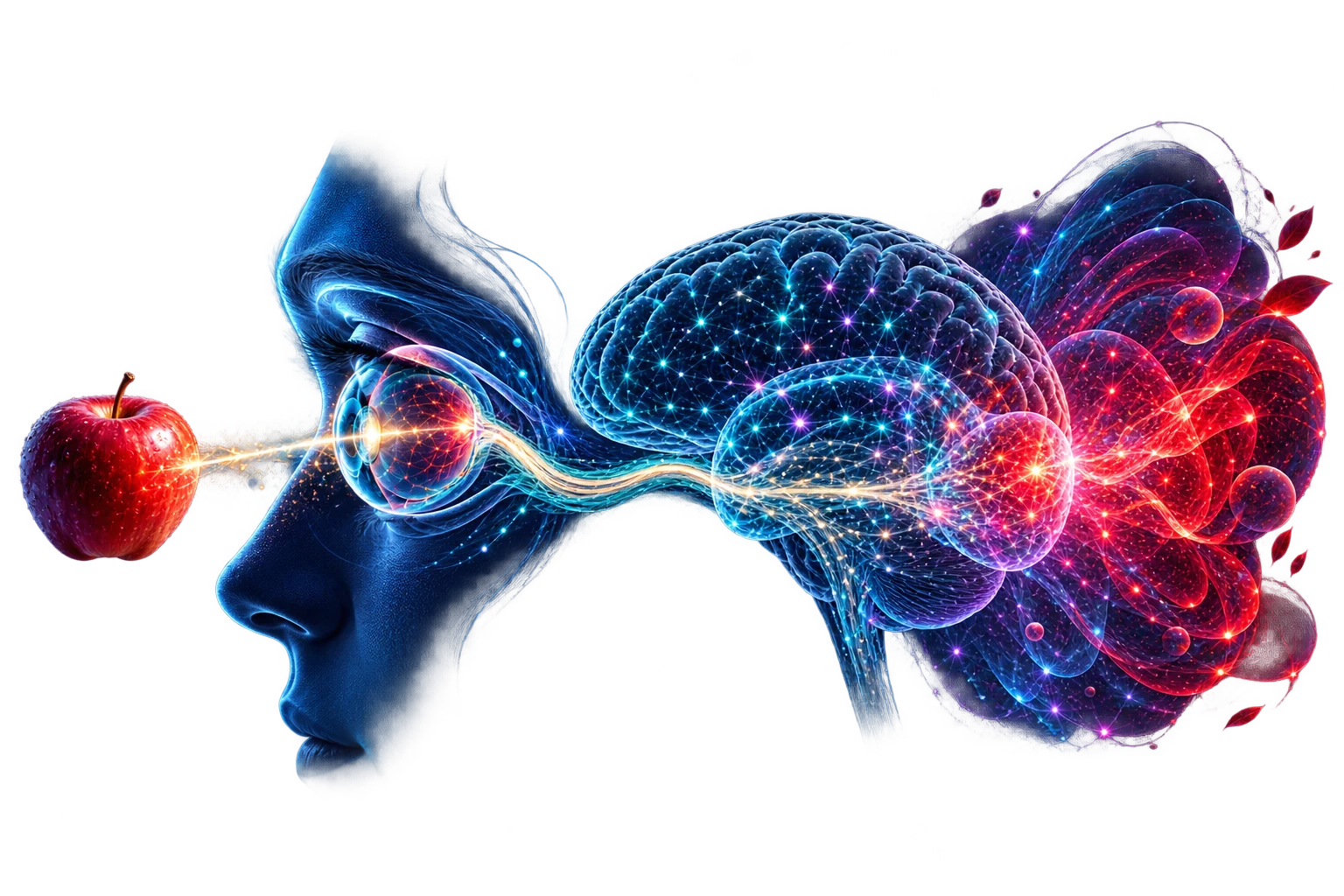 Seeing red and qualia: light from a red apple enters the eye, travels to visual cortex, and becomes subjective color experience.